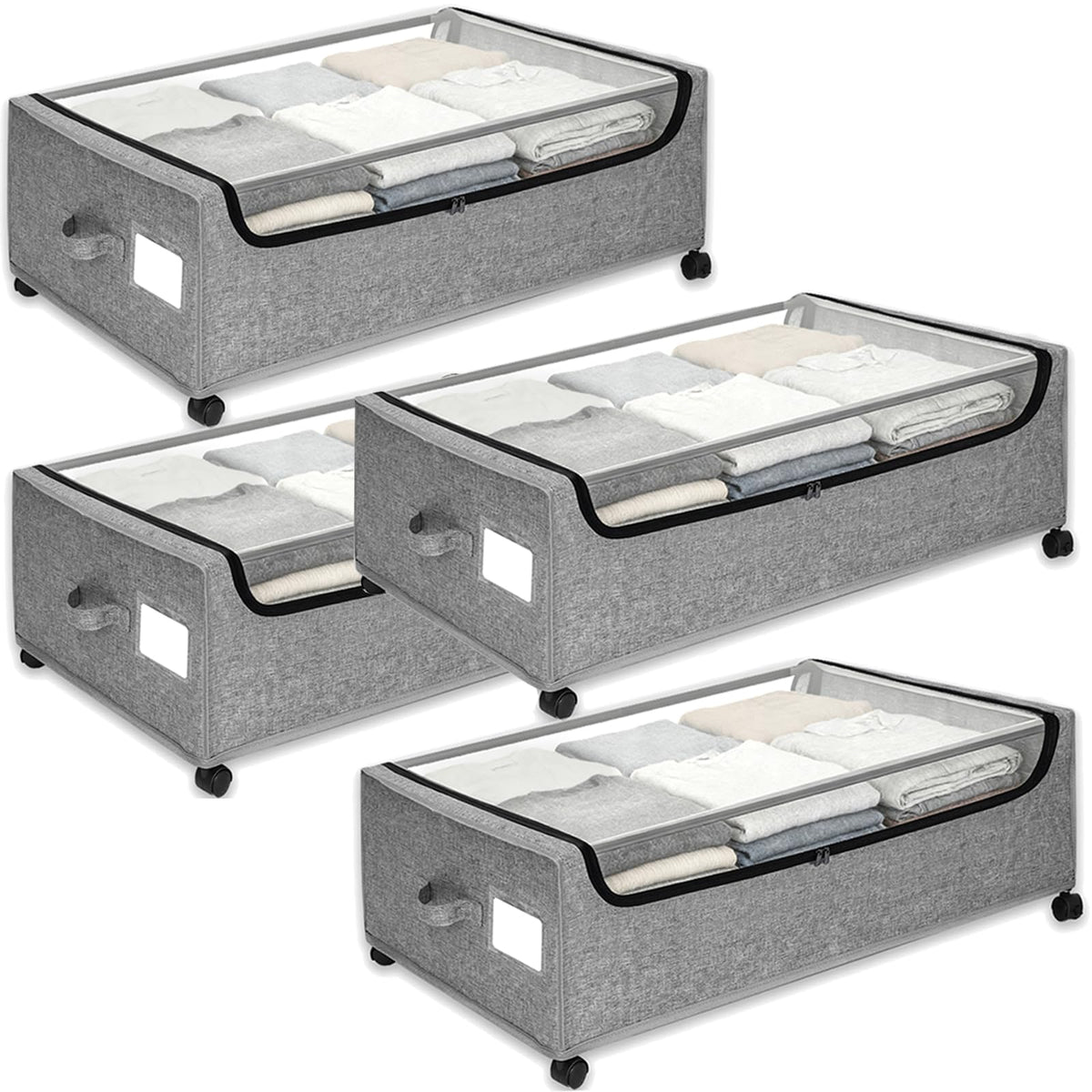 Under Bed Storage with Wheels, 2-Pack Under the Bed Storage Containers with Clear Lids & Label, Underbed Storage Bins, XXXL 85L 11 inches Rolling Metal Drawer for Clothes, Shoes, Toys, Books - Gray