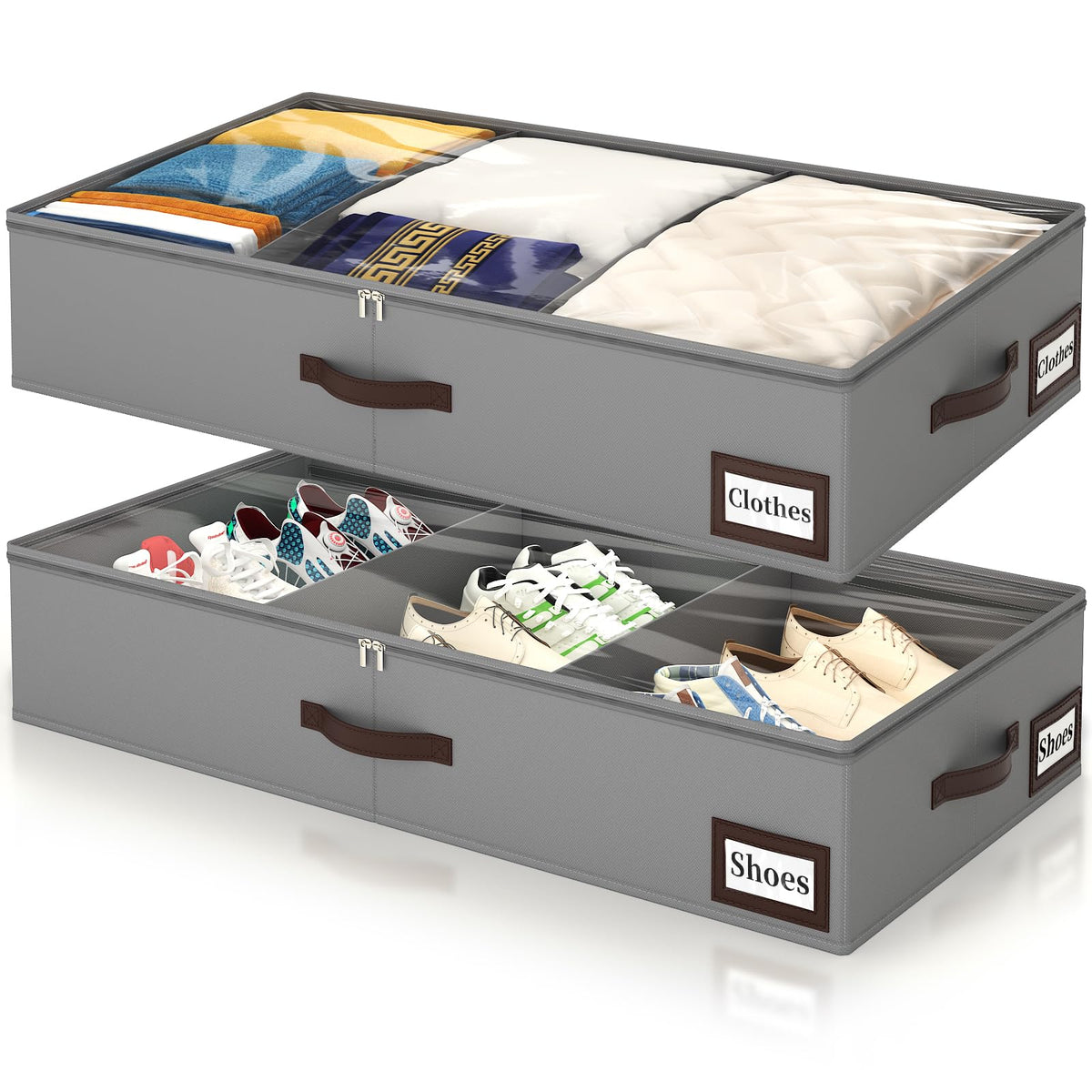OIAHOMY 2 Pack 53L Under Bed Storage with Adjustable Dividers, 6" Low Profile Underbed Storage Bins for Comforters & Clothes, Save Closet Space with Clear View Lid & Reinforced Handles, Black