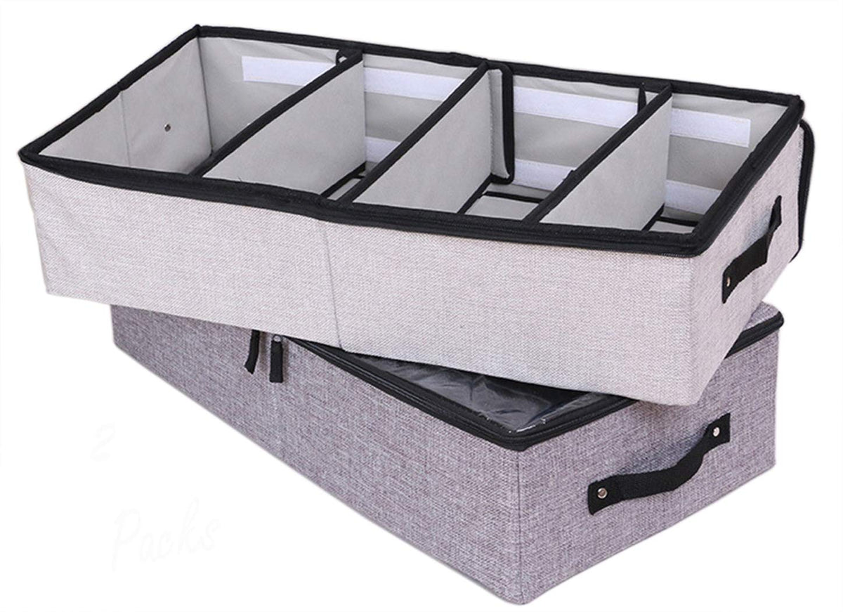 AARAINBOW Foldable Under Bed Clothes Organizer with Lid, Fabric Underbed Storage Container with Adjustable Dividers, Long UnderBed Storage Bins with Handles, Clear Shoes Storage Under Bed (2 Gray)