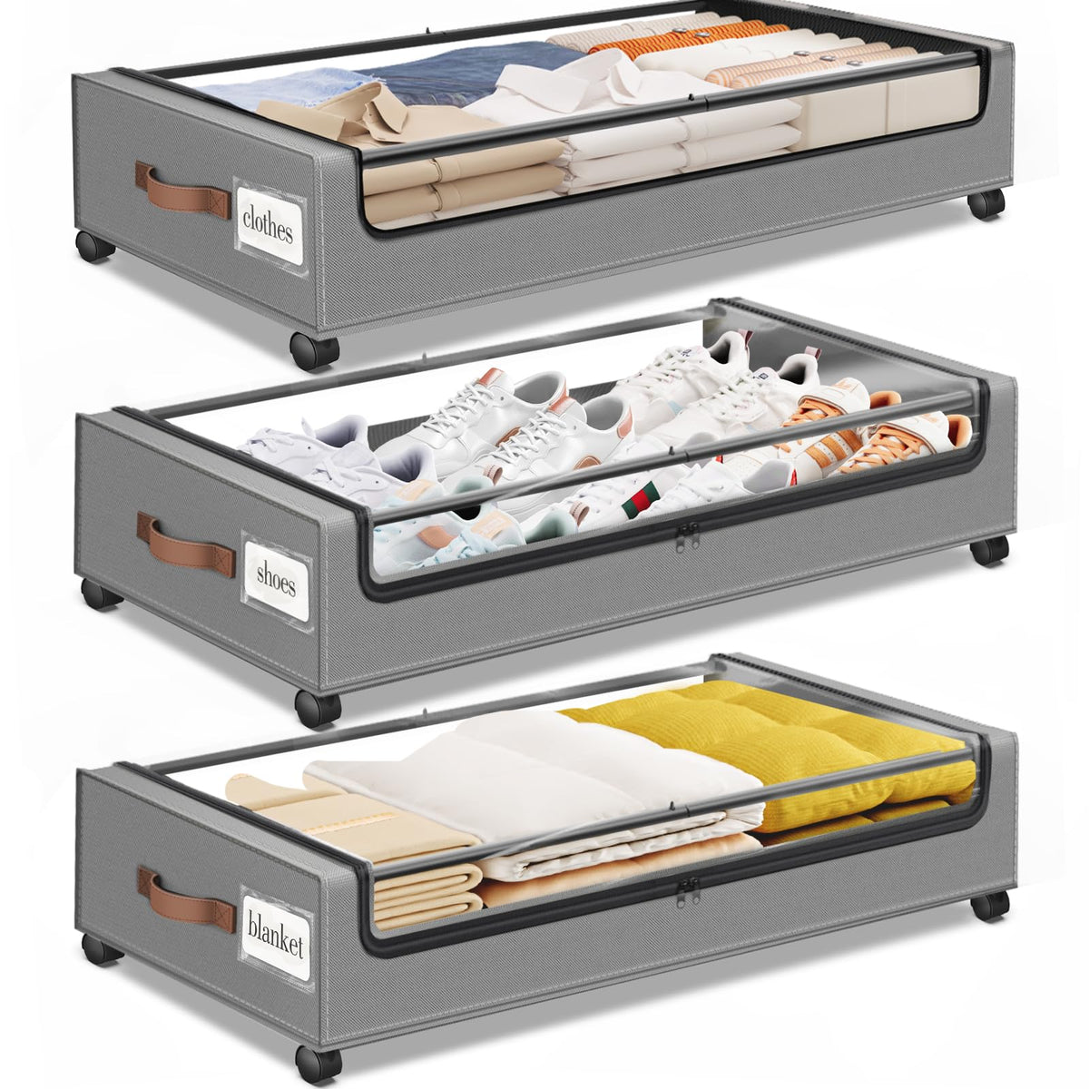 Under Bed Storage with Wheels 3Pack Storage Containers with Clear Window