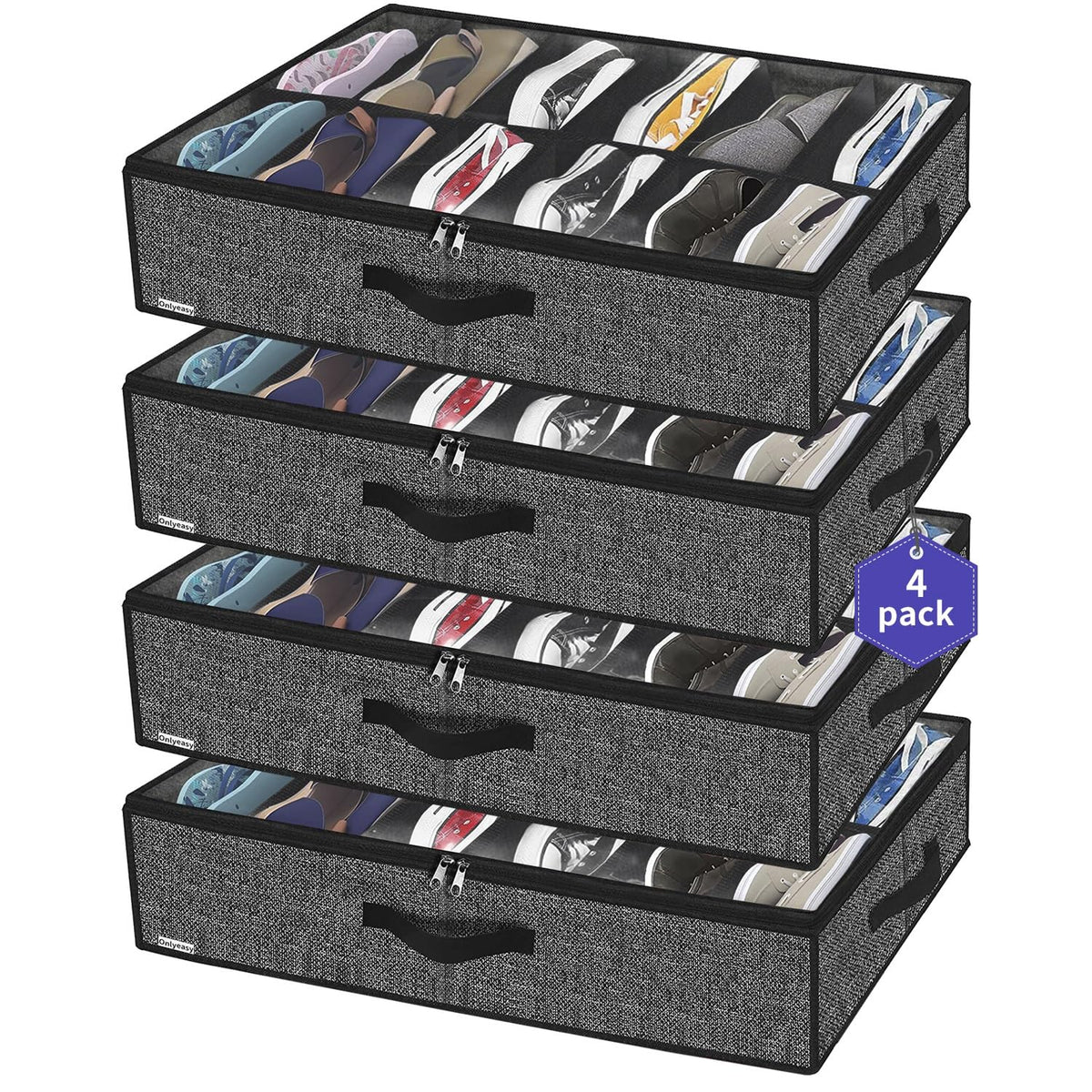 Onlyeasy 2 Pack Under Bed Shoes Storage Bag Organizer (14+4 Pairs), Collapsible Shoe Boot Container with Handles, Underbed Storage Solution for Kids & Adults, 86x60x15cm, Linen-like Black, MXAUBS14S4