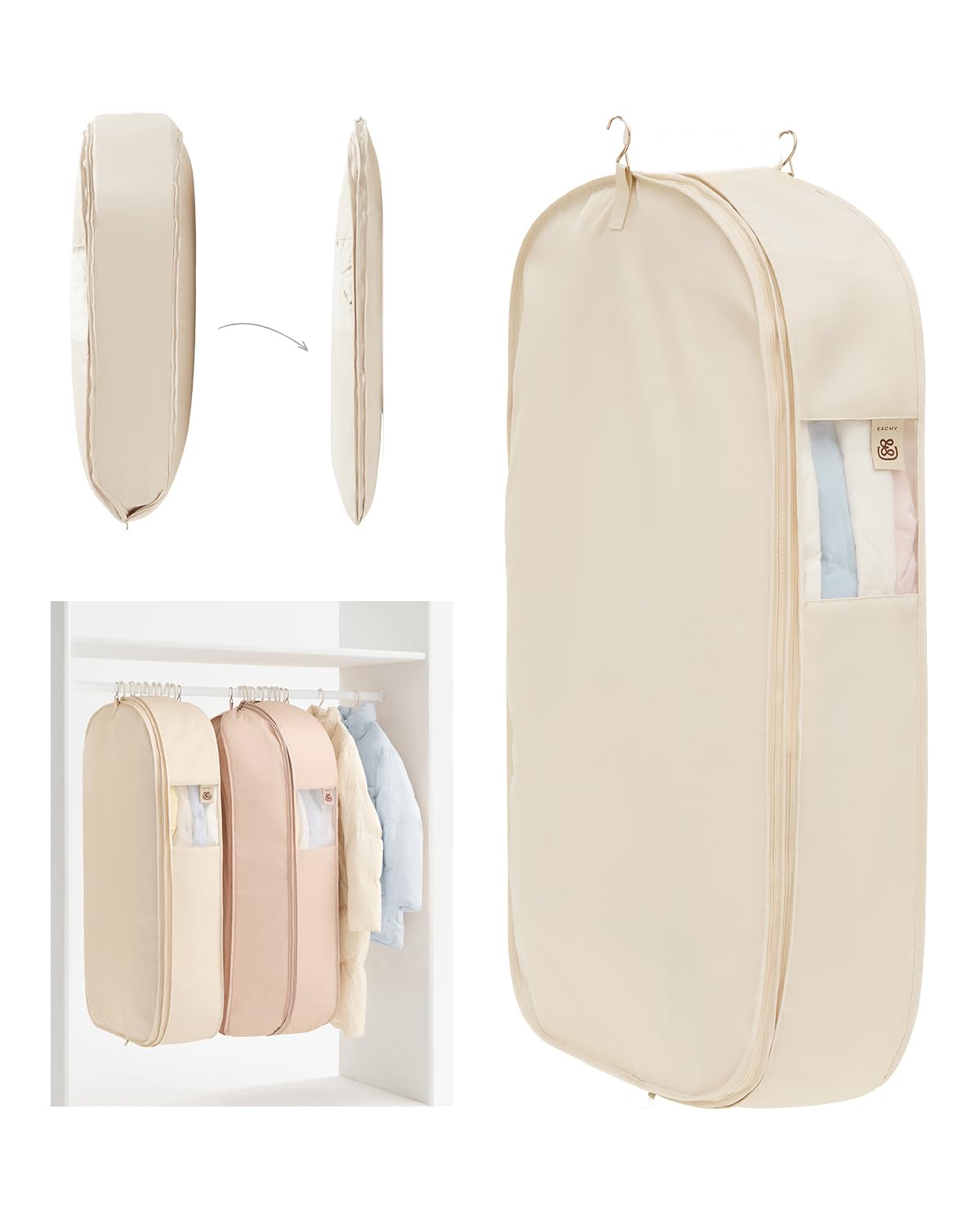 EACHY Garment Bag for Hanging Clothes, Space Saving Dustproof Clothes Cover with Self-Compression Zipper, Visible Closet Organizer for Closet Storage