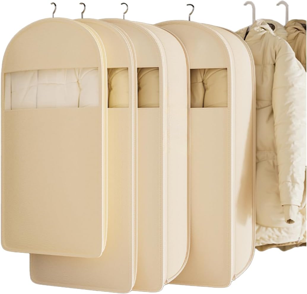 2 Packs Breathable Hanging Garment Bags for Clothes & Suits - 45" Fabric Suit Bags for Closet Storage, Garment Covers for Coats, Dresses, Jackets, Shirts, Wardrobe Protector (ecru)