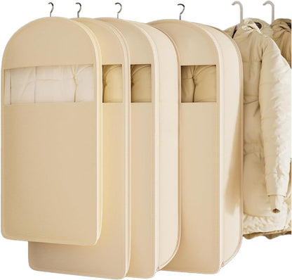 2 Packs Breathable Hanging Garment Bags for Clothes & Suits - 45" Fabric Suit Bags for Closet Storage, Garment Covers for Coats, Dresses, Jackets, Shirts, Wardrobe Protector (ecru)