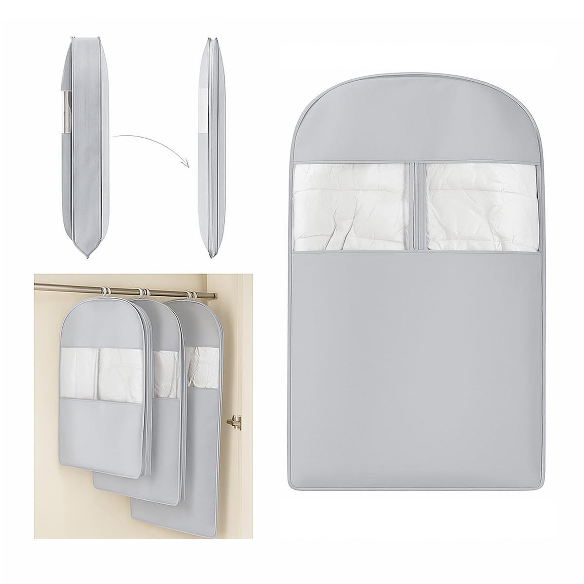 Space Saving Hanging Compression Garment Bag with Zipper for Closet Storage, Hanging Clothes Storage Bag, Garment Covers for Coats and Down Jackets, Beige, XL