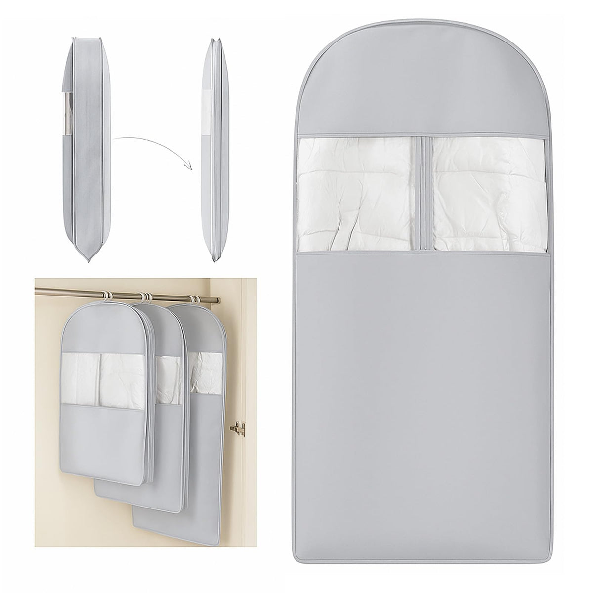 Space Saving Hanging Compression Garment Bag with Zipper for Closet Storage, Hanging Clothes Storage Bag, Garment Covers for Coats and Down Jackets, Beige, XL