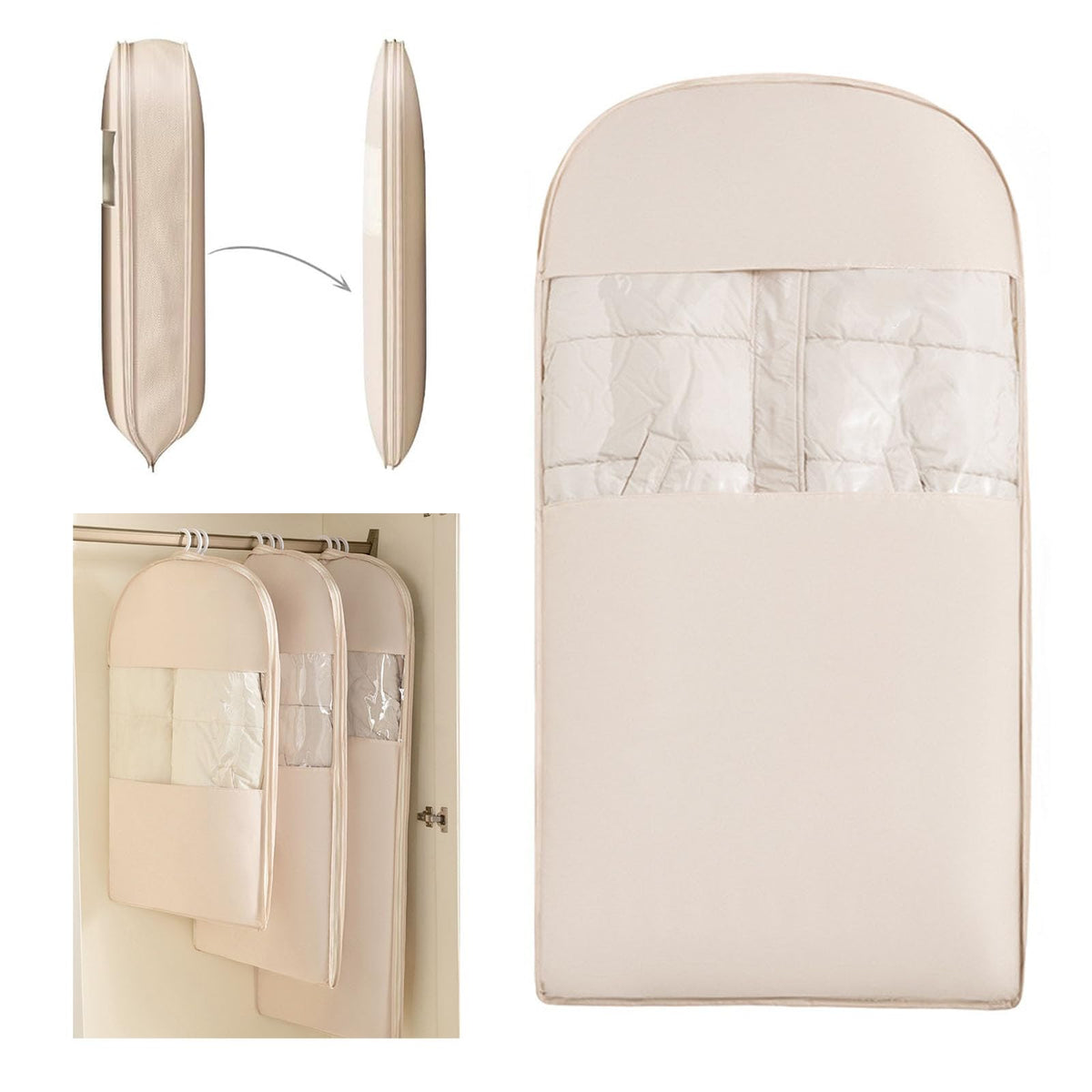 Space Saving Hanging Compression Garment Bag with Zipper for Closet Storage, Hanging Clothes Storage Bag, Garment Covers for Coats and Down Jackets, Beige, XL