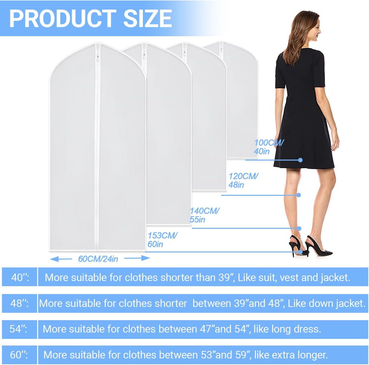 Garment Bags for Hanging Clothes 24"X48"Suit Bags for Closet Storage Plastic Waterproof Suit Cover Bags with Zipper for Suit, Sweaters, Coat Protector Travel Closet Clothing