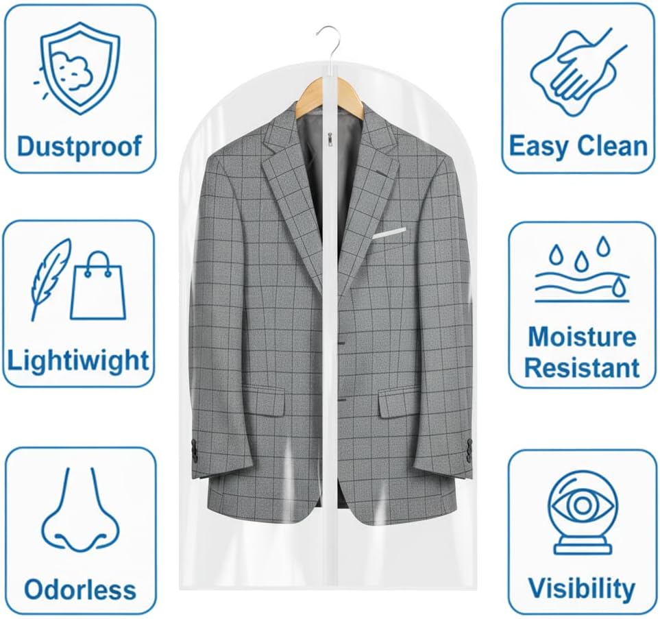 36” All Clear Garment Bags for Women Suit Bags - PEVA Waterproof Suit Cover with Zipper for,Hanging Clothes, Coats - Durable Dresser for Closet Storage, Dustproof & Moisture Resistant - 36”/12 Pack