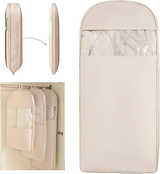 Space Saving Hanging Compression Garment Bag with Zipper for Closet Storage, Hanging Clothes Storage Bag, Garment Covers for Coats and Down Jackets, Beige, XL
