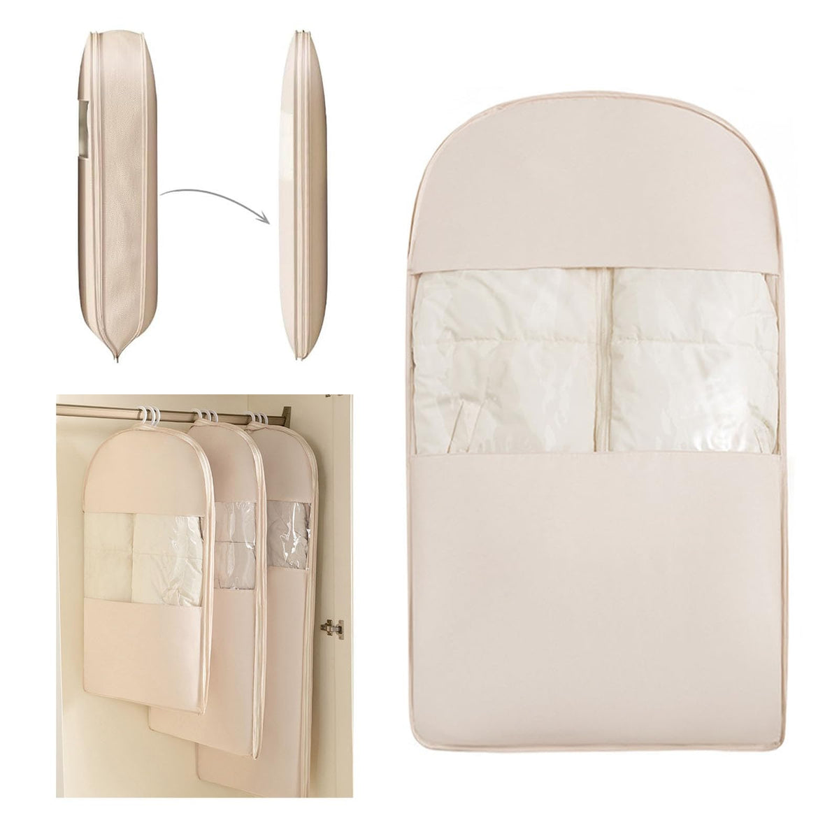 Space Saving Hanging Compression Garment Bag with Zipper for Closet Storage, Hanging Clothes Storage Bag, Garment Covers for Coats and Down Jackets, Beige, XL