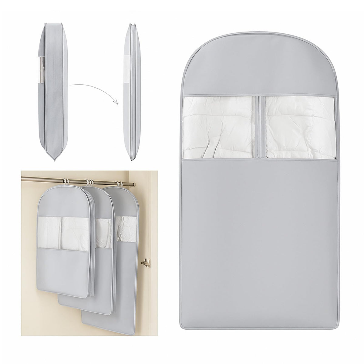 Space Saving Hanging Compression Garment Bag with Zipper for Closet Storage, Hanging Clothes Storage Bag, Garment Covers for Coats and Down Jackets, Beige, XL