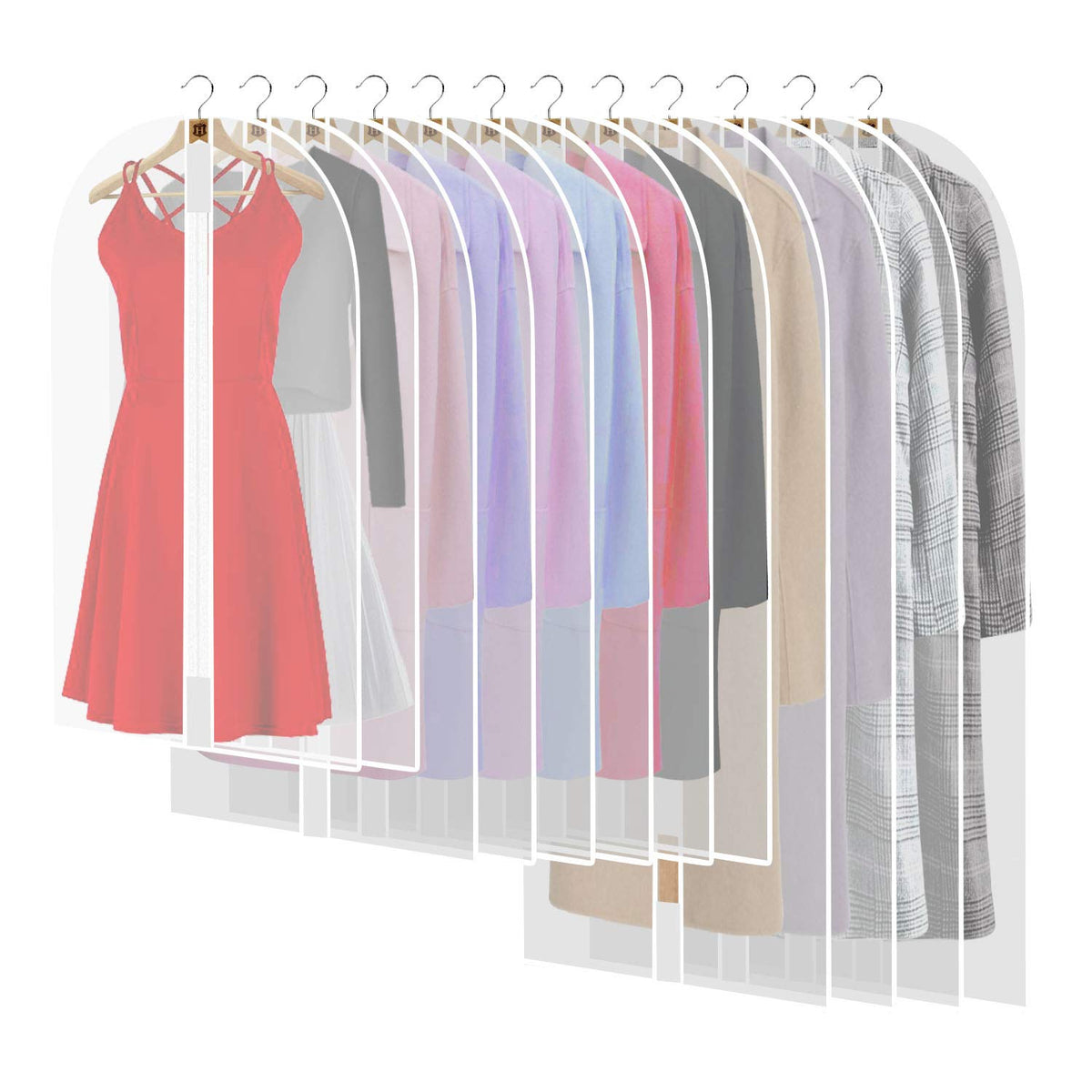 Pwsap 12 Pack Breathable Clothes Covers with Zip, Hanging Garment Covers Bags Dress Bag Covers Moth-Proof Mens Suit Storage Bag Dust Cover for Wardrobe Storage and Travel(Clear)