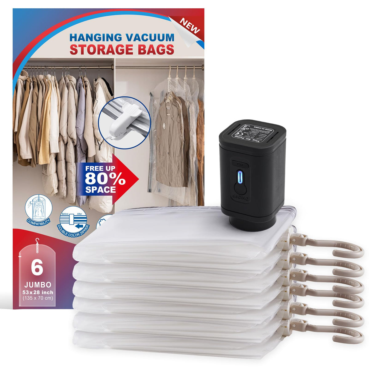 Hanging Vacuum Storage Bags, Space Saver Vacuum Seal Bags for Cloth, 6 Long