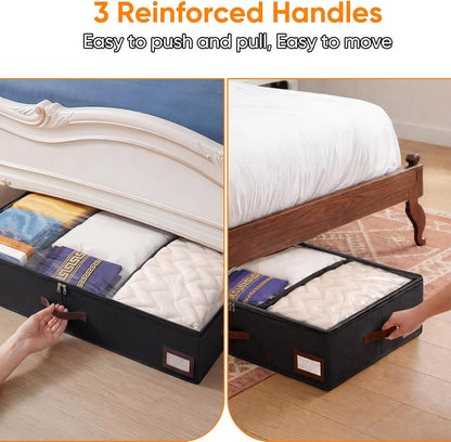 OIAHOMY 2 Pack 53L Under Bed Storage with Adjustable Dividers, 6" Low Profile Underbed Storage Bins for Comforters & Clothes, Save Closet Space with Clear View Lid & Reinforced Handles, Black