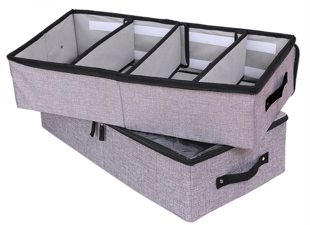 AARAINBOW Foldable Under Bed Clothes Organizer with Lid, Fabric Underbed Storage Container with Adjustable Dividers, Long UnderBed Storage Bins with Handles, Clear Shoes Storage Under Bed (2 Gray)