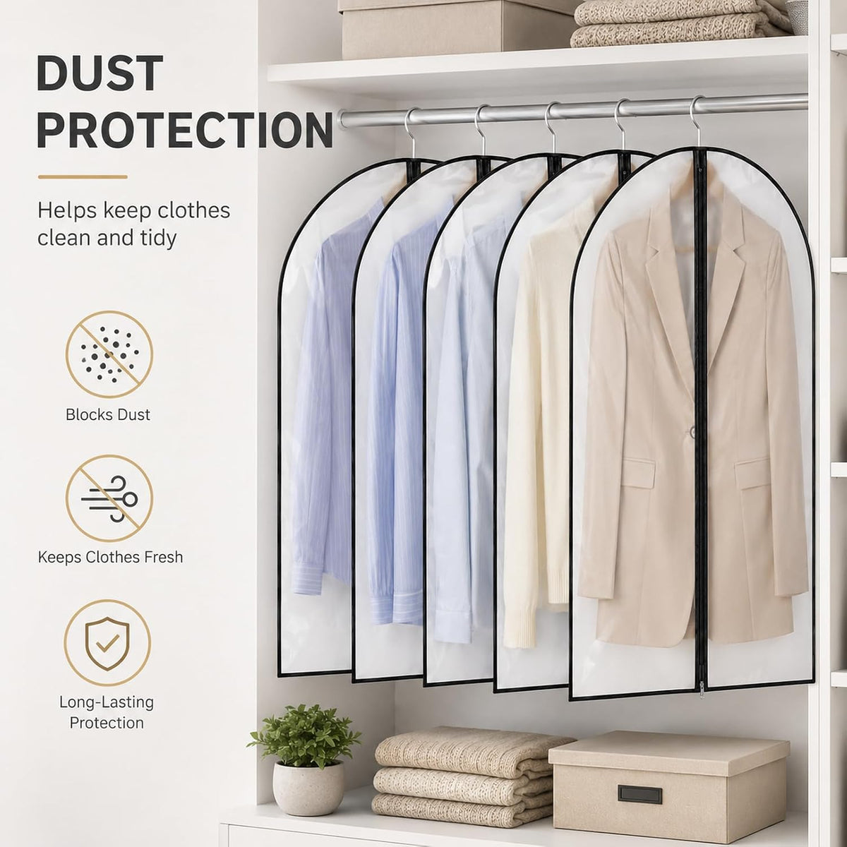 Garment Bags for Hanging Clothes 5 Pack, Clear Suit Bags Black Border