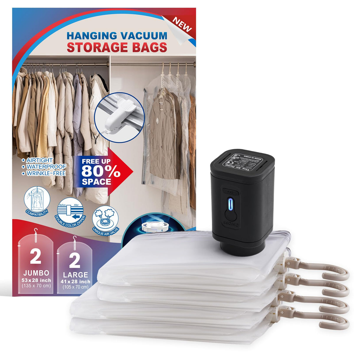 Hanging Vacuum Storage Bags, Space Saver Vacuum Seal Bags for Cloth, 6 Long