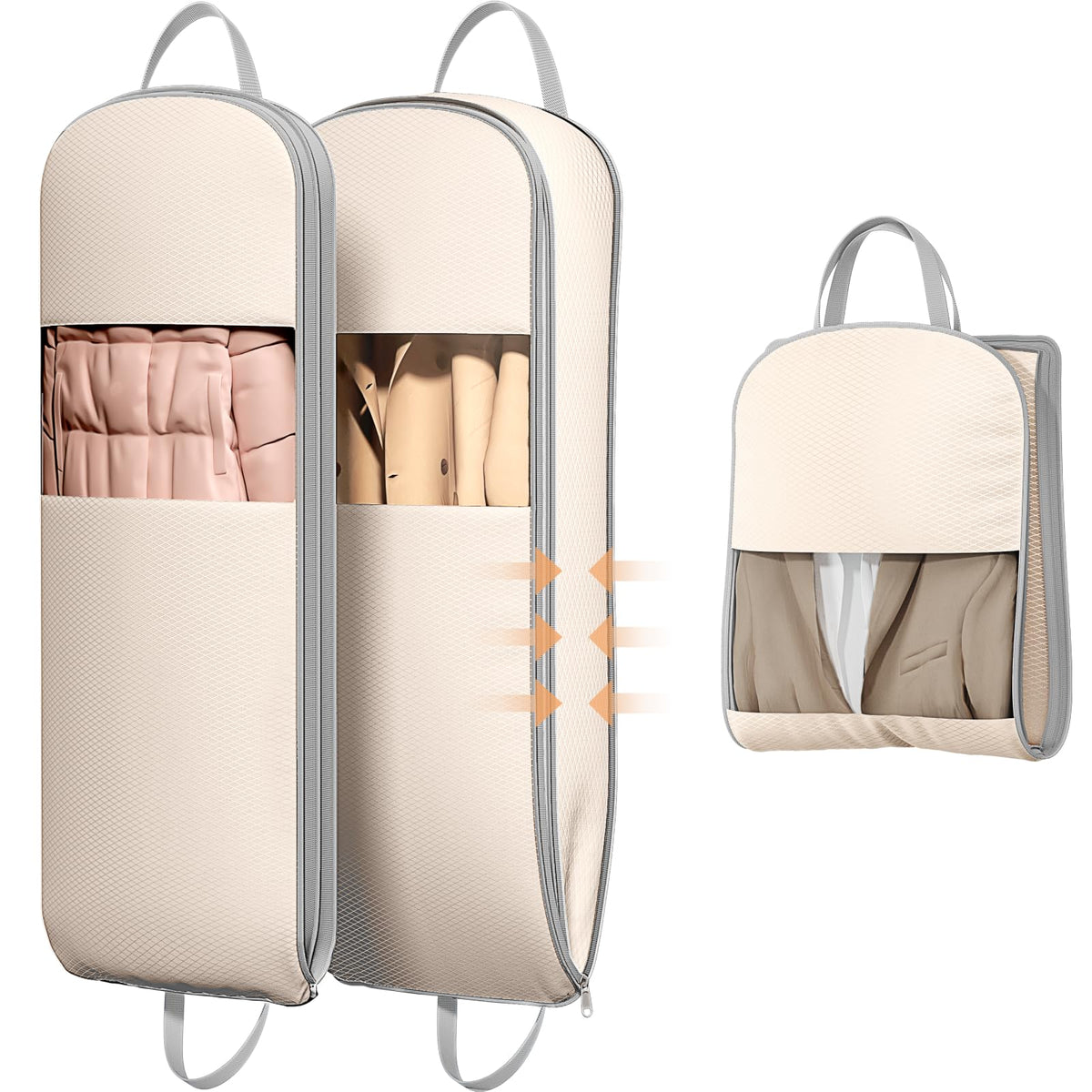 DIMJ 3 Pack 54" Garment Bags for Hanging Clothes - Space Saving Compression Suit Bag Travel with Handles Window, Washable Carry Clothing Storage Cover for Dress, Coats, Down Jacket, Shirts