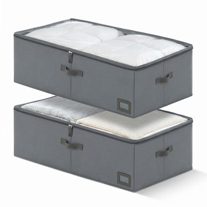 6" Versatile Under Bed Storage Bins (2-Pack, Charcoal Grey), Sturdy 600D Oxford Fabric Clothes Organizer Containers with Matching Vegan Leather Handles for Sweaters, Linens & Bedding