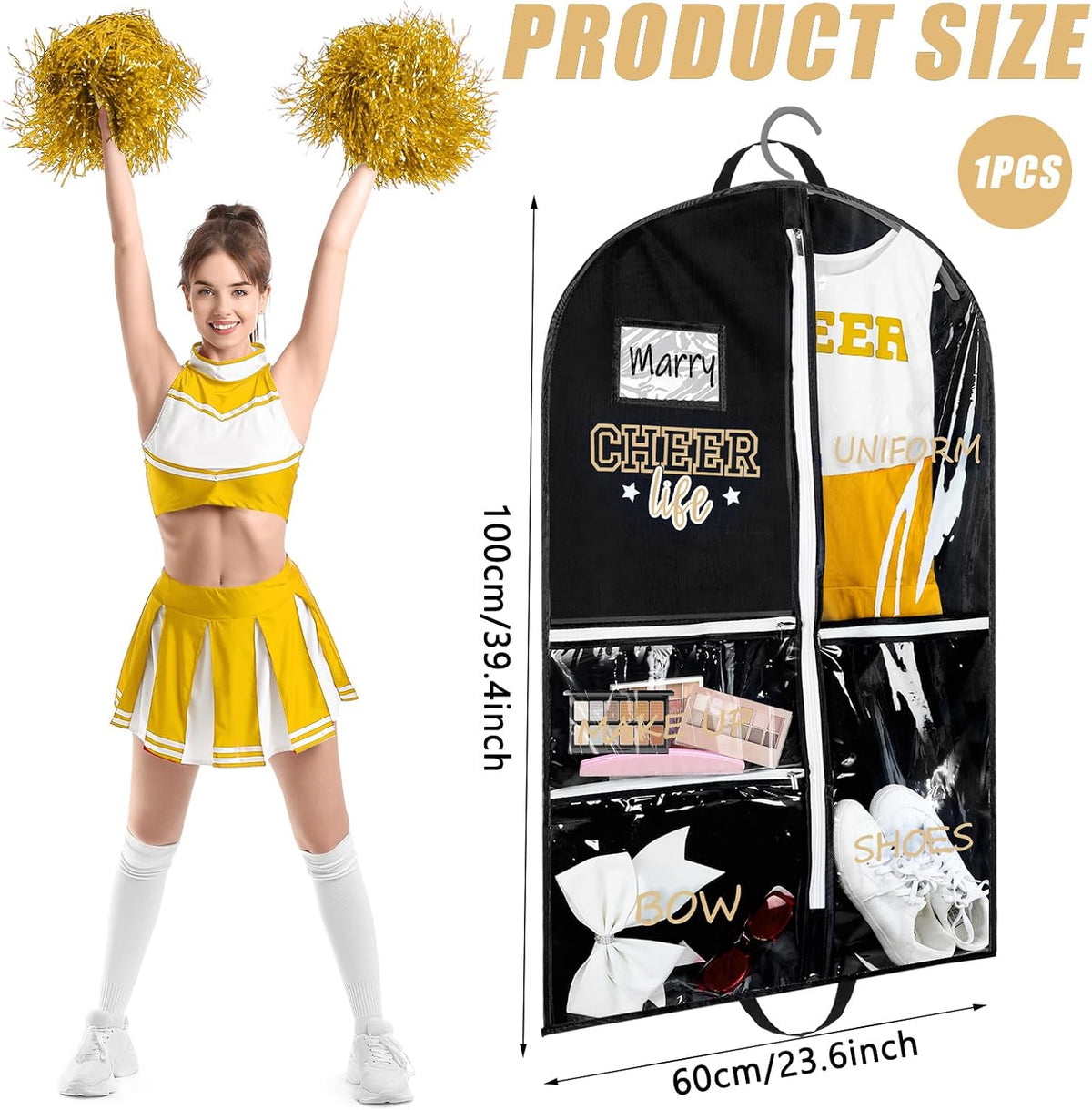 Blushtier 40" Cheer Uniform Garment Bag Cheerleading, Black,Gold