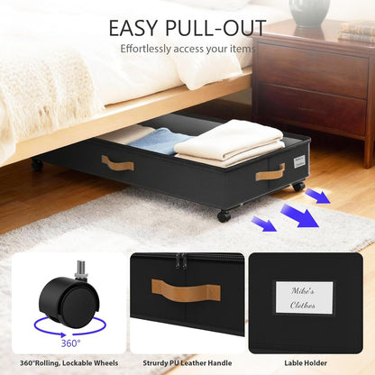 Under Bed Storage with Wheels 2-Pack, 75L XXL Under the Bed Storage Containers Large, 12" Tall Adjustable Storage for Underbed with Lids, Rolling for Clothes, Shoes, Blankets (Black)