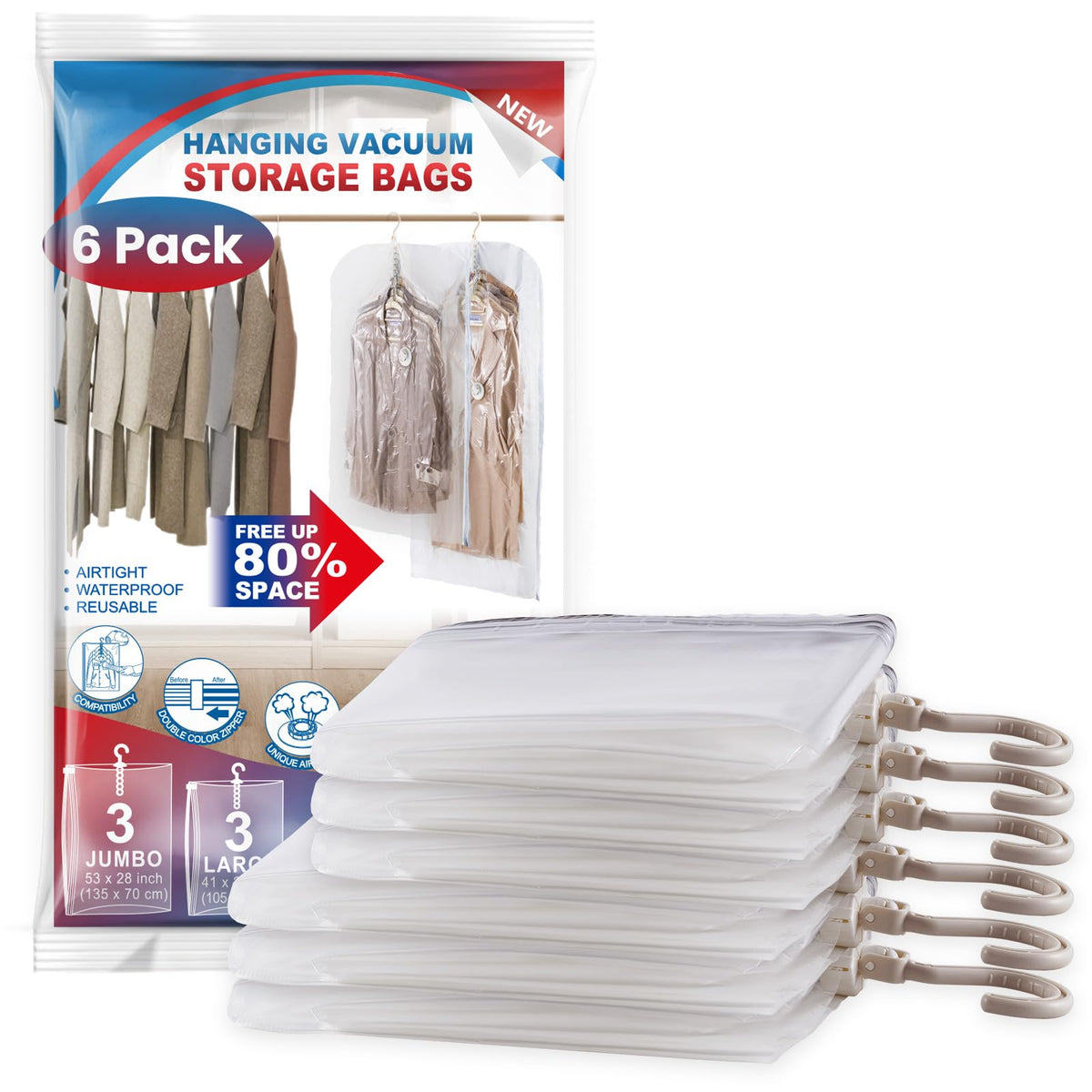 Hanging Vacuum Storage Bags, Space Saver Vacuum Seal Bags for Cloth, 6 Long