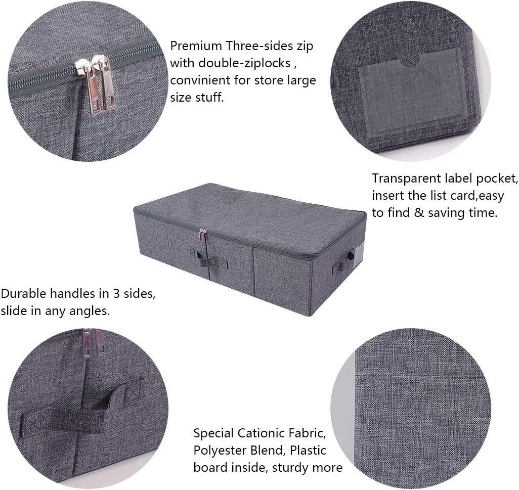 Folding Fabric Rigid Under Bed Closet Storage Bins with Zip Lid,Black Gray