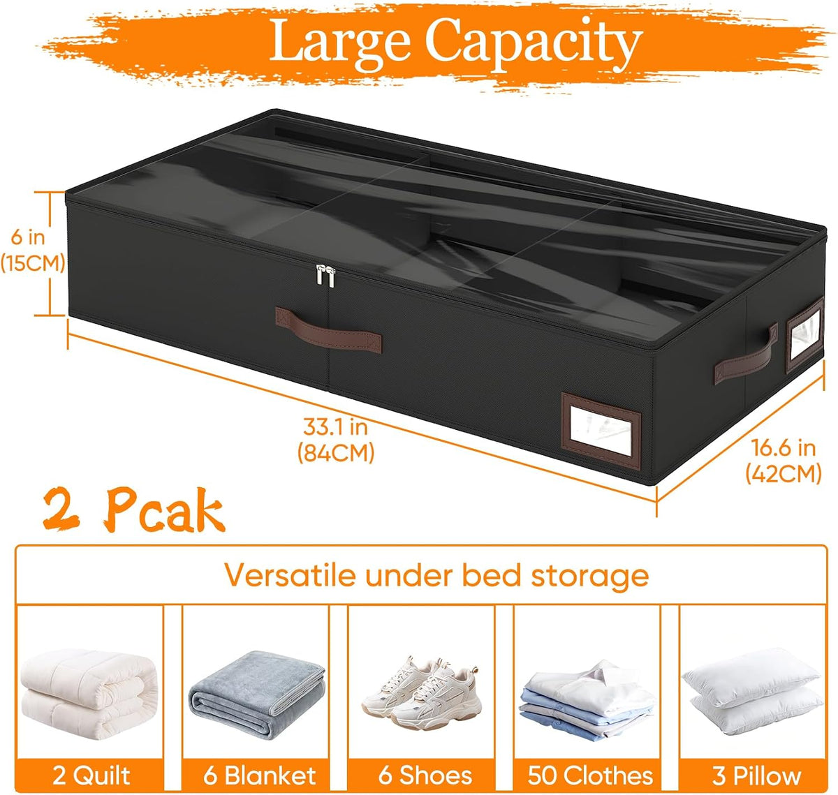 OIAHOMY 2 Pack 53L Under Bed Storage with Adjustable Dividers, 6" Low Profile Underbed Storage Bins for Comforters & Clothes, Save Closet Space with Clear View Lid & Reinforced Handles, Black