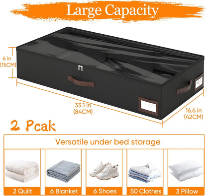 OIAHOMY 2 Pack 53L Under Bed Storage with Adjustable Dividers, 6" Low Profile Underbed Storage Bins for Comforters & Clothes, Save Closet Space with Clear View Lid & Reinforced Handles, Black