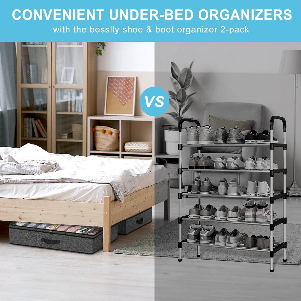 Under Bed Shoe Storage Organizer for Closet, 32 Pairs Sturdy Underbed Shoe Storage Boxes Bins Container Foldable Shoes Storage with Reinforced Handles & Clear Window for College Dorms Grey, Set of 2