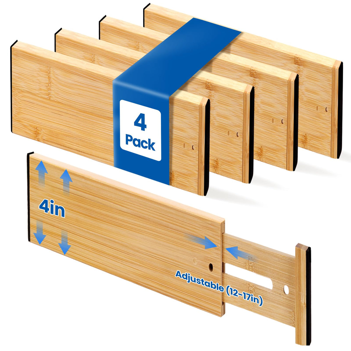 4 Pack 6" Deep Bamboo Drawer Dividers, 17-22" Expandable Kitchen Organizers