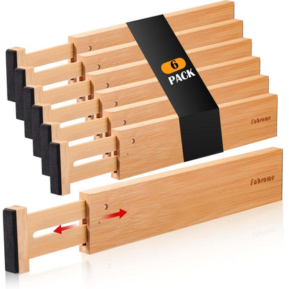 Fabsome Drawer Divider 6 Pack, Bamboo Kitchen Dividers Organizers Adjustable 17''-22'', Wooden Dresser Separators for Nursery Organization Clothes Socks Underwear Baby Clothing, with Soft Foam Ends