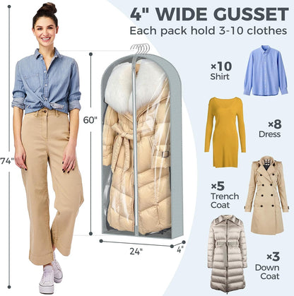 6 Pcs 60" Garment Bags for Hanging Clothes, Clear Suit Bags for Closet Storage Clothing Storage, Garment Bags Shoulder Covers with 4" Gussets for Coats, Jackets, Shirts and Sweater