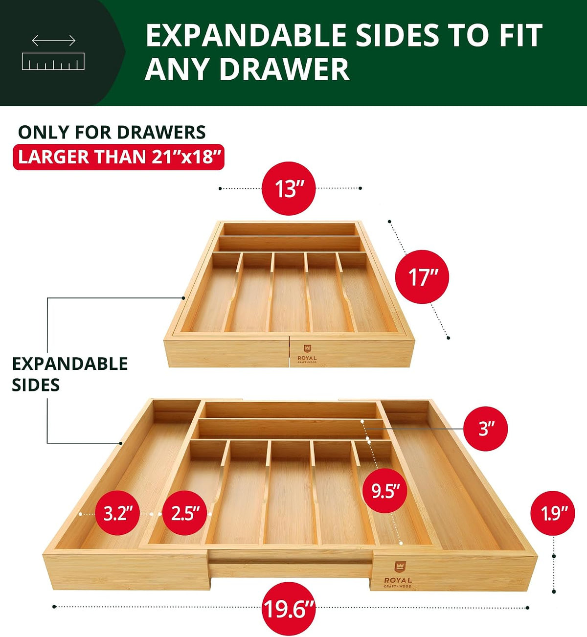 ROYAL CRAFT WOOD Luxury Bamboo Kitchen Drawer Organizer for Kitchen Organization - Silverware Organizer, Utensil Holder & Cutlery Tray Drawer Dividers for Flatware Silverware Storage, 9 Slot, Natural