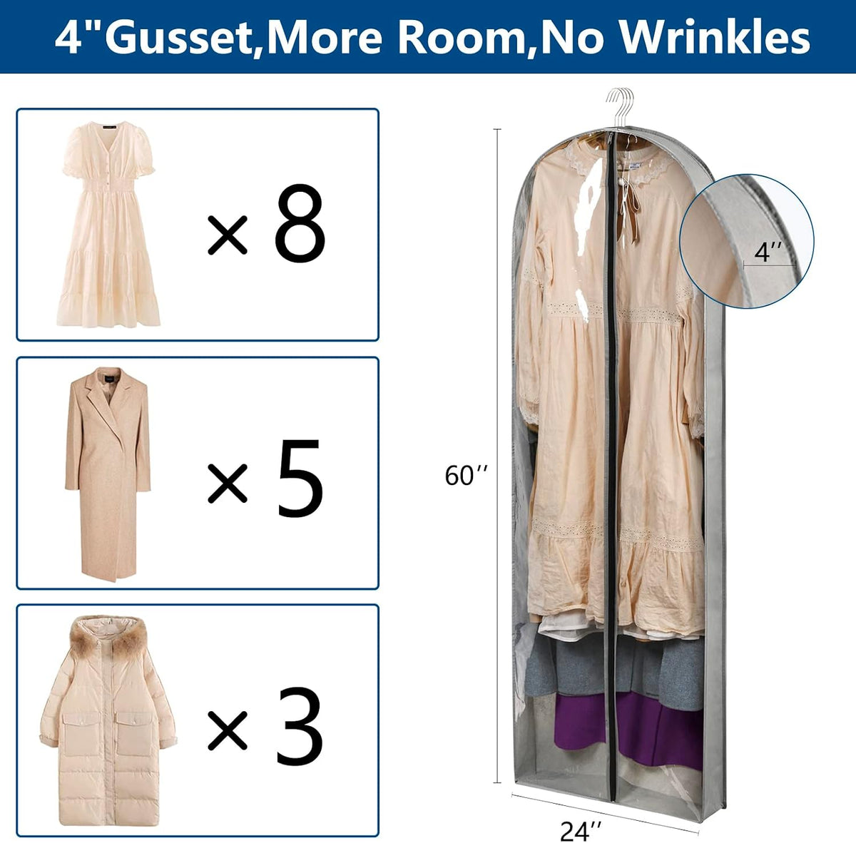 3 Pack 60" Long Garment Bags for Hanging Clothes Storage