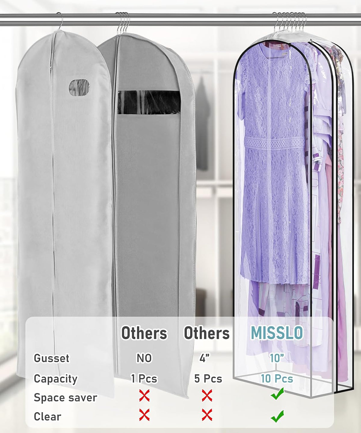 MISSLO 10" Gusseted All Clear Garment Bags for Hanging Clothes 60" Dress Bags for Gowns Long Fur Coat Closet Storage Covers, 3 Packs