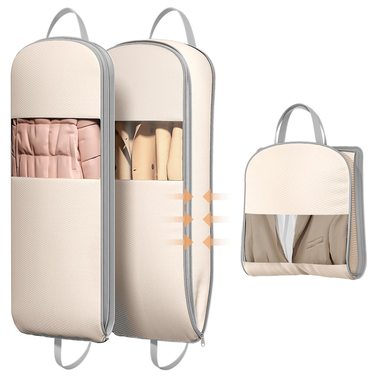 DIMJ 3 Pack 54" Garment Bags for Hanging Clothes - Space Saving Compression Suit Bag Travel with Handles Window, Washable Carry Clothing Storage Cover for Dress, Coats, Down Jacket, Shirts