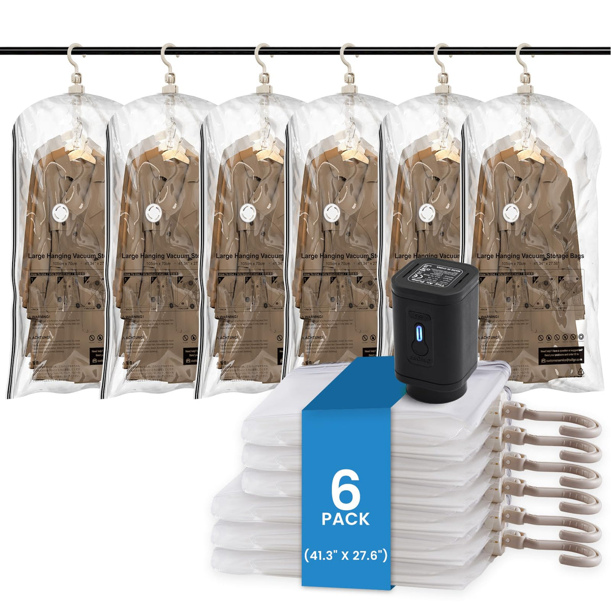 TAILI Hanging Vacuum Sealer Storage Space Saver Bags for Clothes, Suits, Coats or Jackets, 4 Pack Jumbo 53x27.6 Inches, Clear