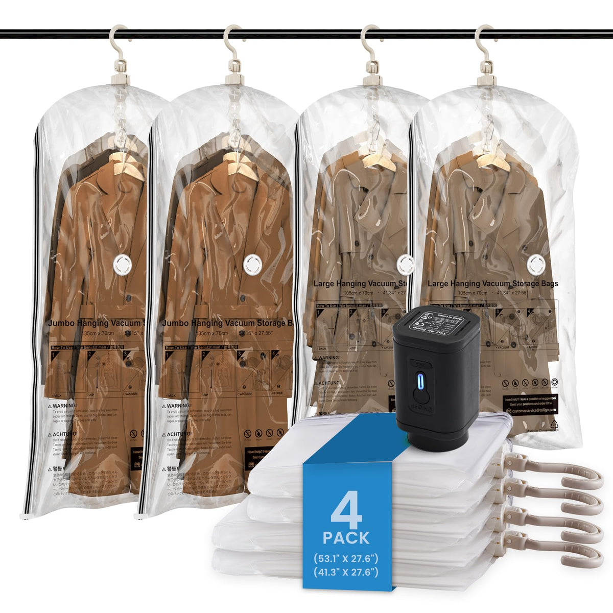 TAILI Hanging Vacuum Storage Bags for Clothes Space Saver 4 Combo Clear
