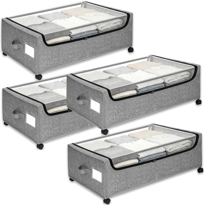 Under Bed Storage with Wheels, 2-Pack Under the Bed Storage Containers with Clear Lids & Label, Underbed Storage Bins, XXXL 85L 11 inches Rolling Metal Drawer for Clothes, Shoes, Toys, Books - Gray