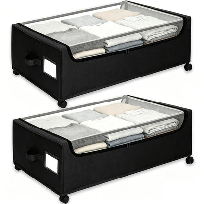 Under Bed Storage with Wheels, 2-Pack Under the Bed Storage Containers with Clear Lids & Label, Underbed Storage Bins, XXXL 85L 11 inches Rolling Metal Drawer for Clothes, Shoes, Toys, Books - Gray