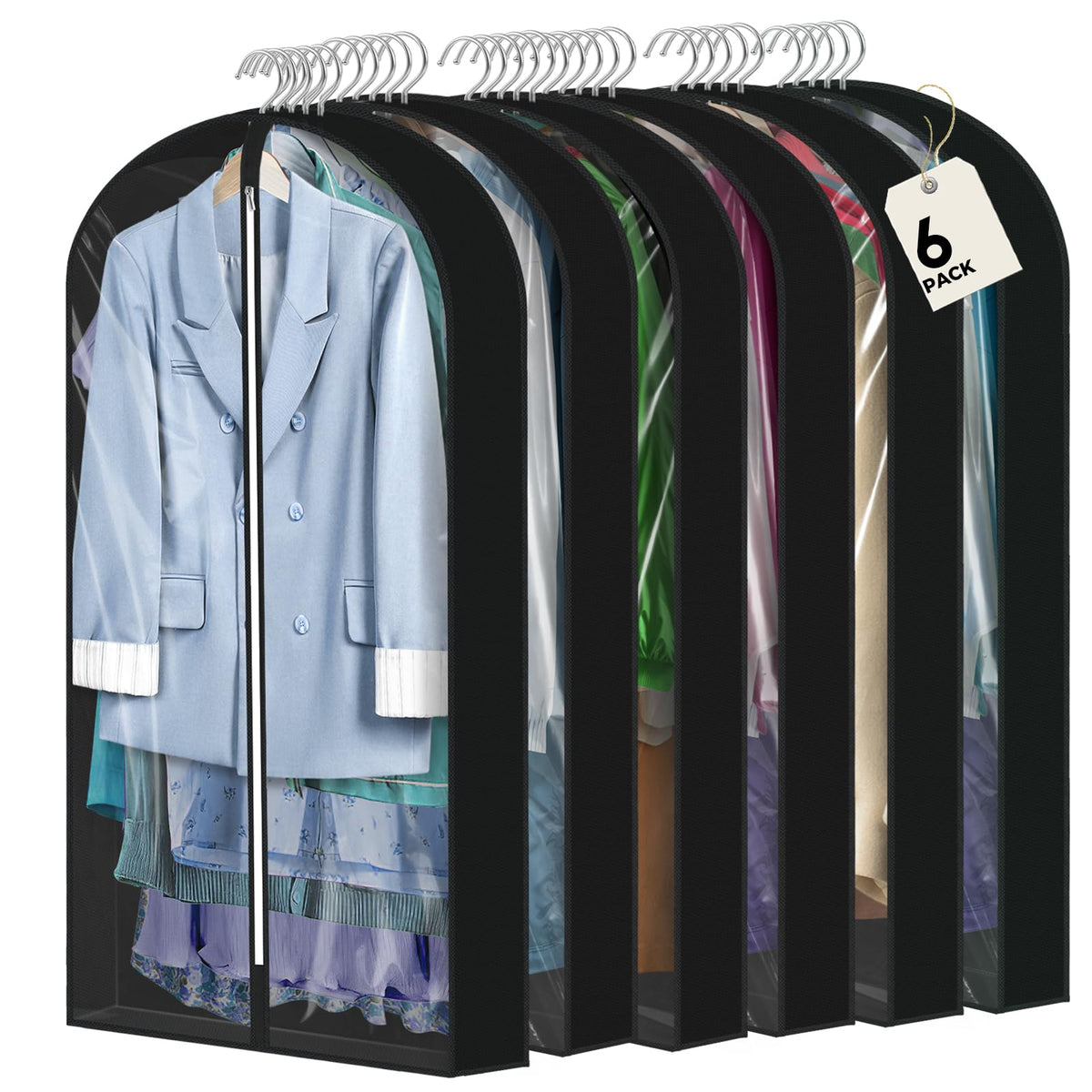 6 Pcs 60" Garment Bags for Hanging Clothes, Clear Suit Bags for Closet Storage Clothing Storage, Garment Bags Shoulder Covers with 4" Gussets for Coats, Jackets, Shirts and Sweater