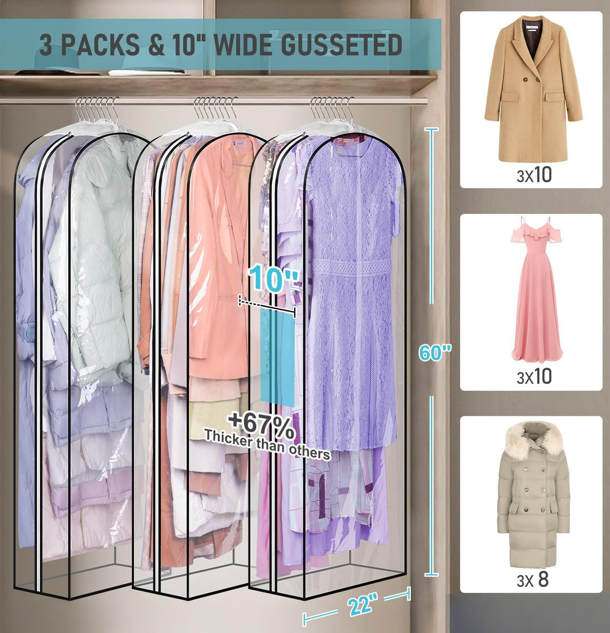 MISSLO 10" Gusseted All Clear Garment Bags for Hanging Clothes 60" Dress Bags for Gowns Long Fur Coat Closet Storage Covers, 3 Packs