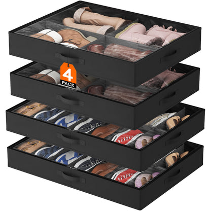 Lifewit Under Bed Shoe Storage Organizer 2 Pack(12 Shoes Cells), 4.3 Inches Profile Fabric Shoes Container Box with Clear Cover, Foldable Storage Bag with 2 Handles, Fits 12 to 24 Pairs