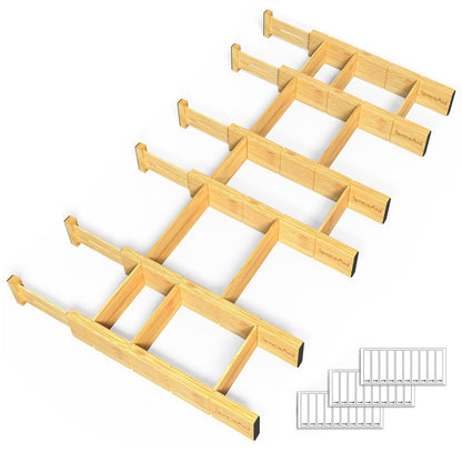 SpaceAid Bamboo Drawer Dividers with Inserts and Labels, Kitchen Adjustable Drawer Organizers, Expandable Organization for Home, Office, Dressers and Bathroom, 6 Dividers with 12 Inserts (17-22 in)
