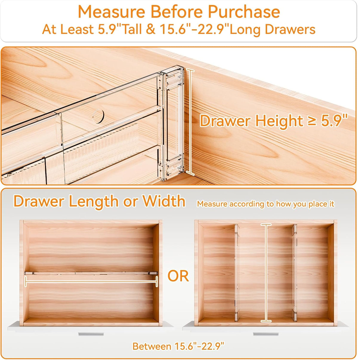 Yieach 12 Pack Clear Acrylic Drawer Divider 6 Inch High,Expandable from 14-20'',Adjustable Dresser Drawer Dividers for Baby Clothing,Underwear and Sock,Separators,Deep Drawer Separators for Kitchen