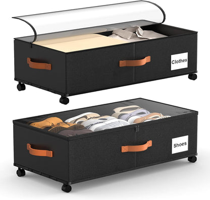 Under Bed Storage with Wheels 2 Pack, 9.5" Tall Large Capacity Containers