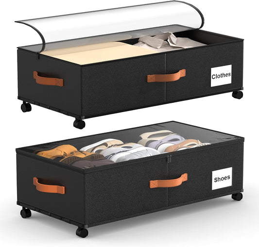 Under Bed Storage with Wheels 2 Pack, 9.5" Tall Large Capacity Containers