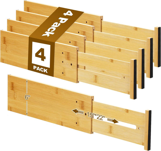 DoubleFill 4 Pcs 6 Inch High Drawer Dividers 15"-22" Adjustable, Wood Color